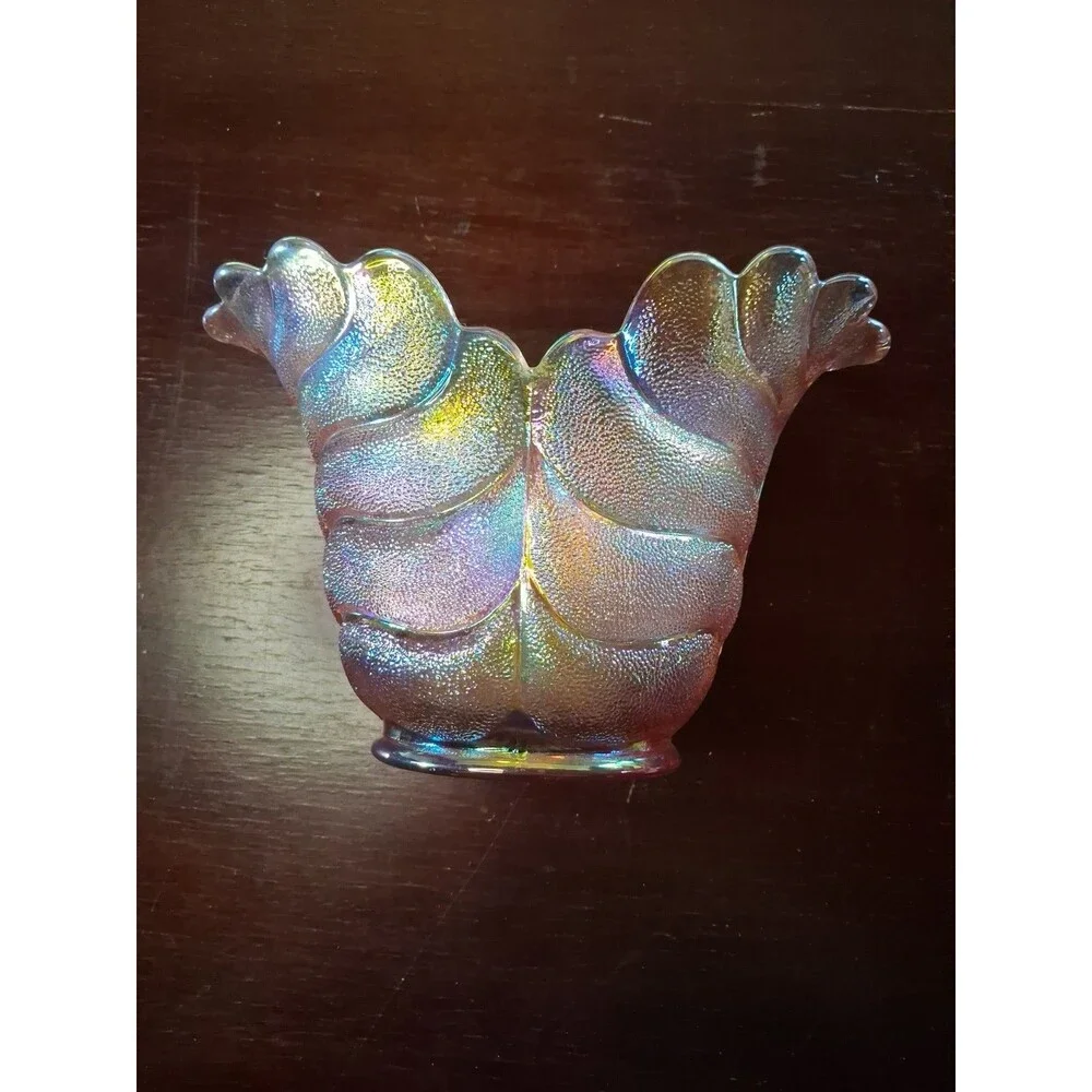 L E SMITH - Pink Iridescent - Carnival Glass - Leaf/Shell Vase - MCM vintage VGC